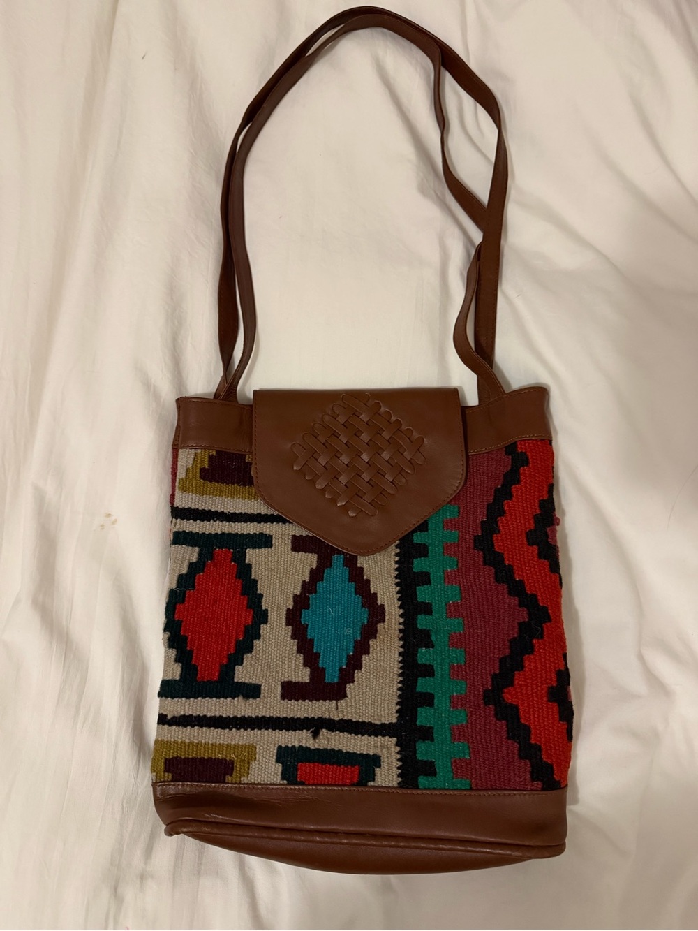 Brown Leather-Trim Shoulder Bag with Colorful Kilim Wool Pattern